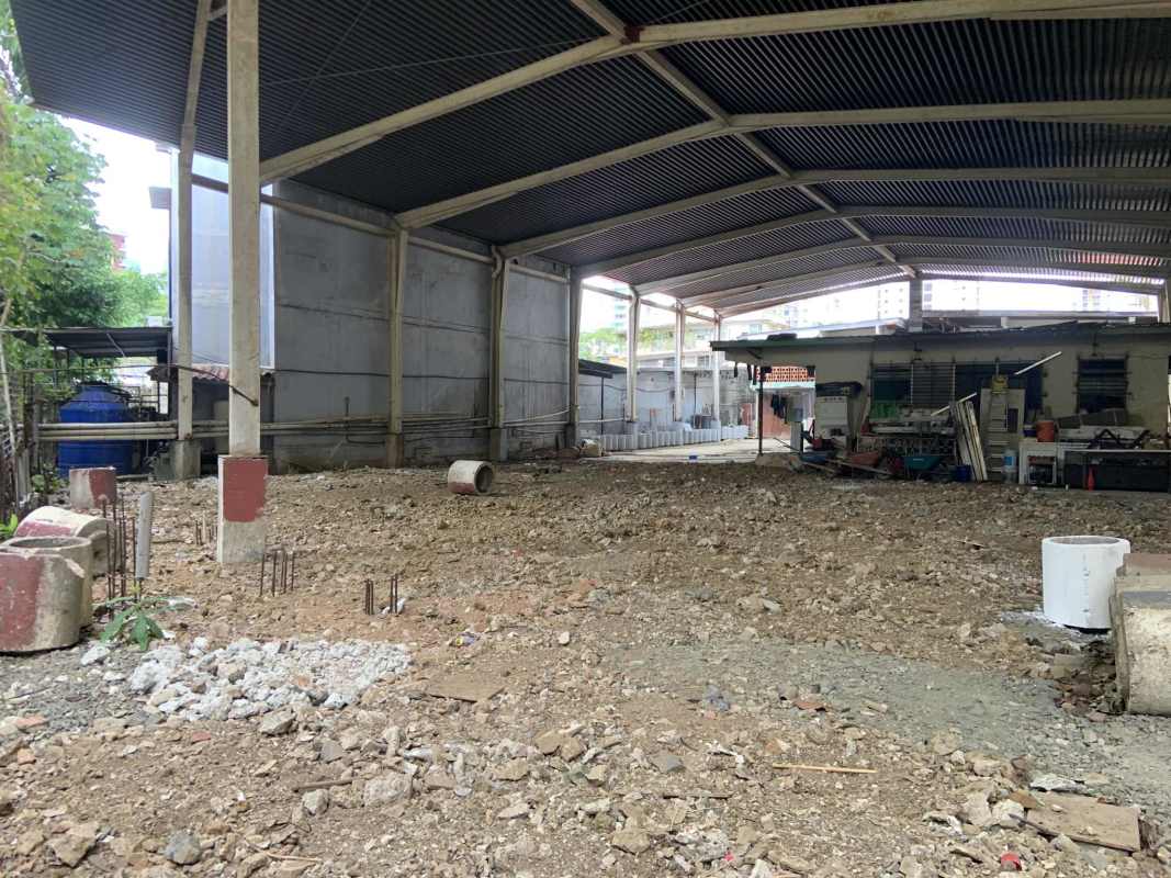 View inside large unfinished warehouse with metal roofing on commercial land Panama City El Cangrejo