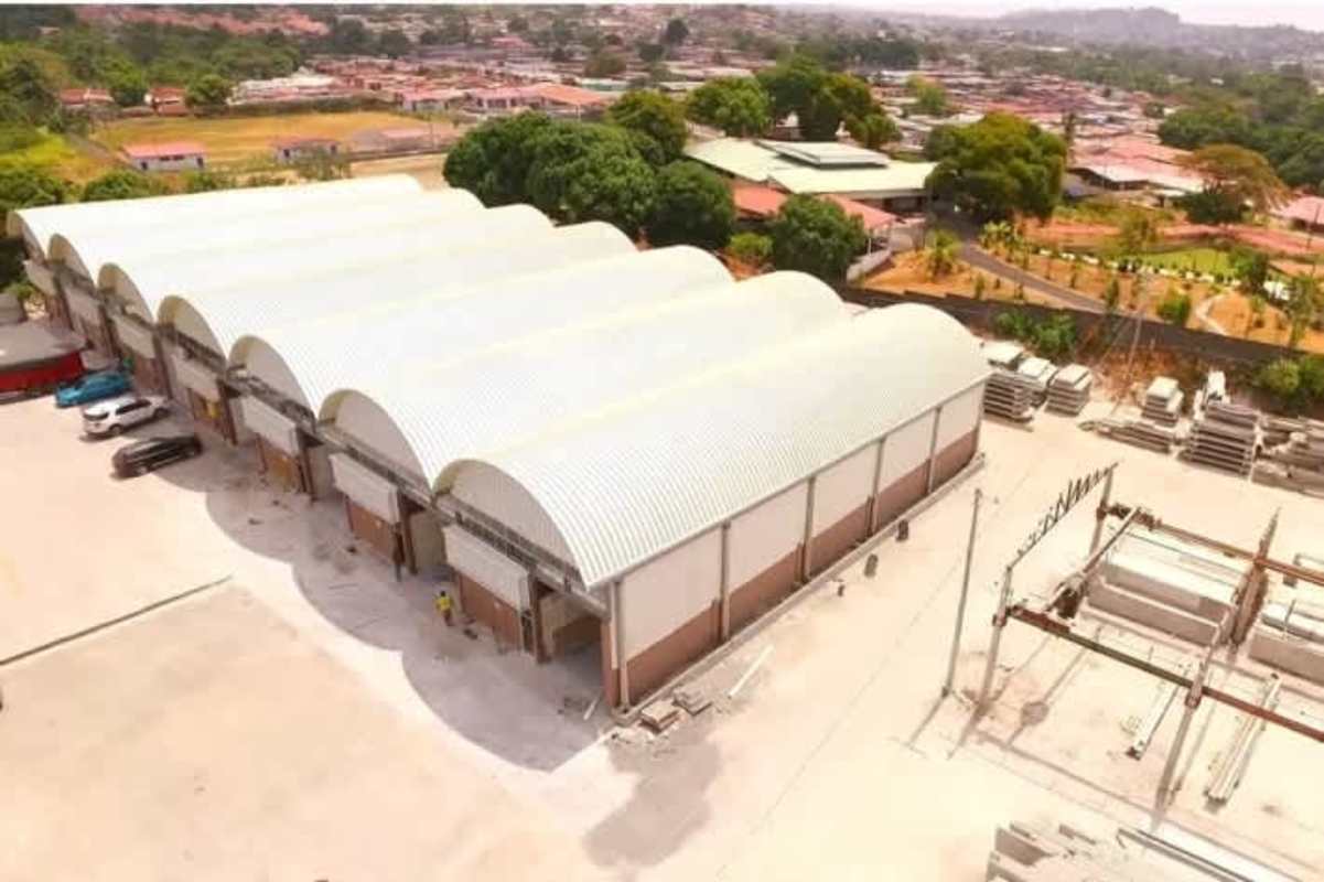 Aerial of multiple warehouses with arched roofs in Villa Zaita Panama economic zone