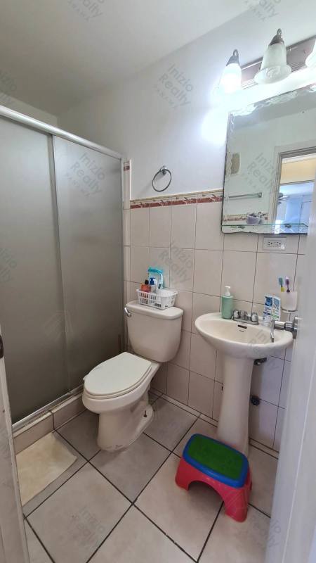 Bathroom with glass shower, pedestal sink, contemporary tile in Plaza Valencia Panama