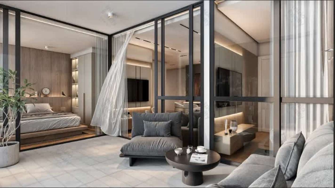 Living room and kitchen with floor-to-ceiling windows and balcony in Moderna 360 Panama