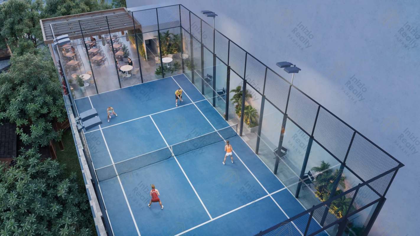 Rooftop padel court with outdoor seating at PH Costanera Towers luxury complex Panama City
