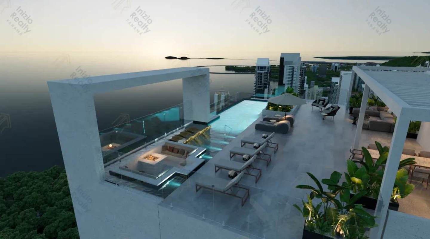 Infinity rooftop swimming pool with skyline and ocean views at PH Costanera Towers Panama City