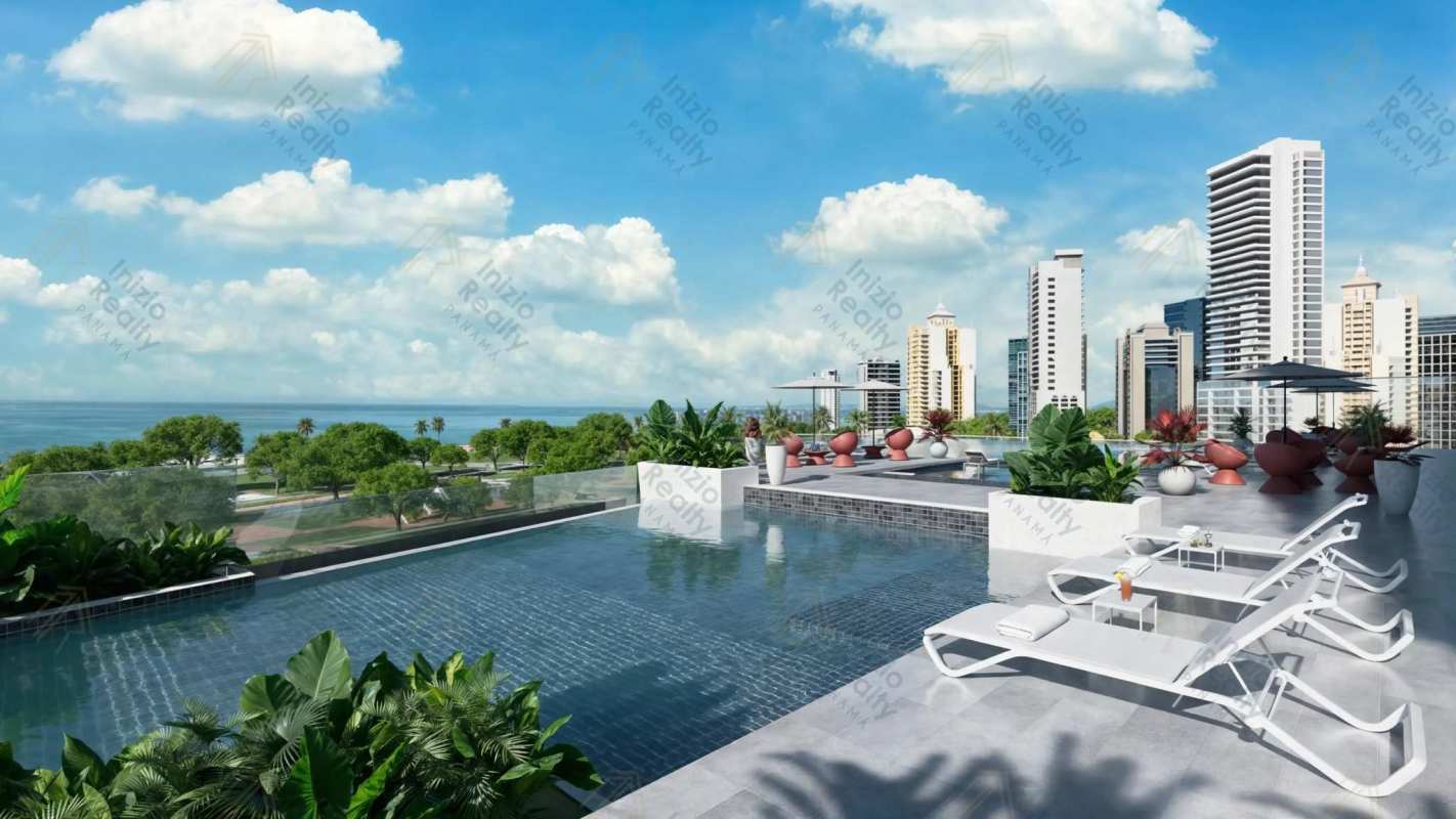 Rooftop infinity pool with ocean city skyline views lush landscaping PH Costanera Tower Panama