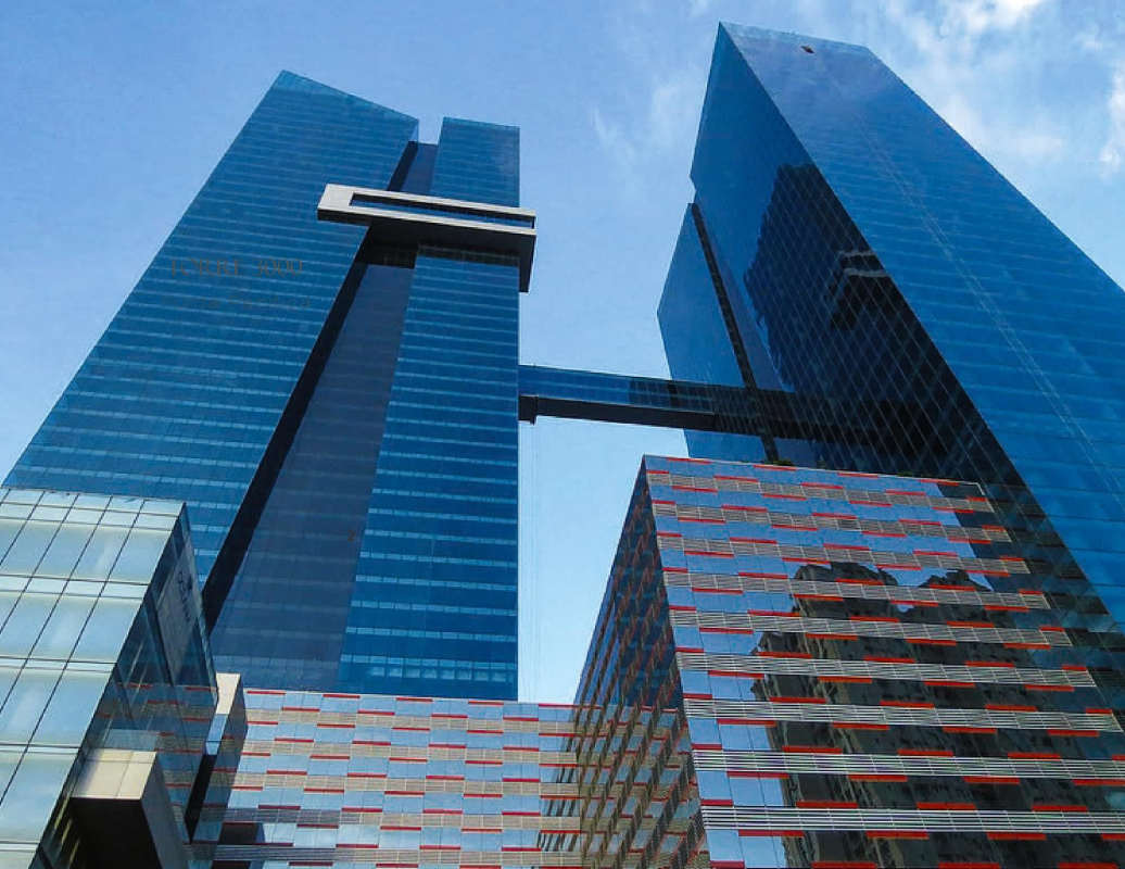 Reflective glass facade skyscrapers Oceanía Business Plaza in Punta Pacifica Panama