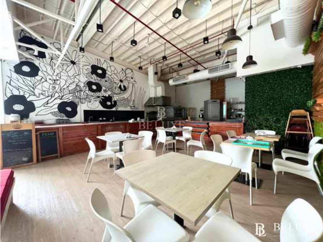 Contemporary indoor restaurant space featuring wood accents, high ceilings, artistic mural and greenery on Avenida Balboa Panama