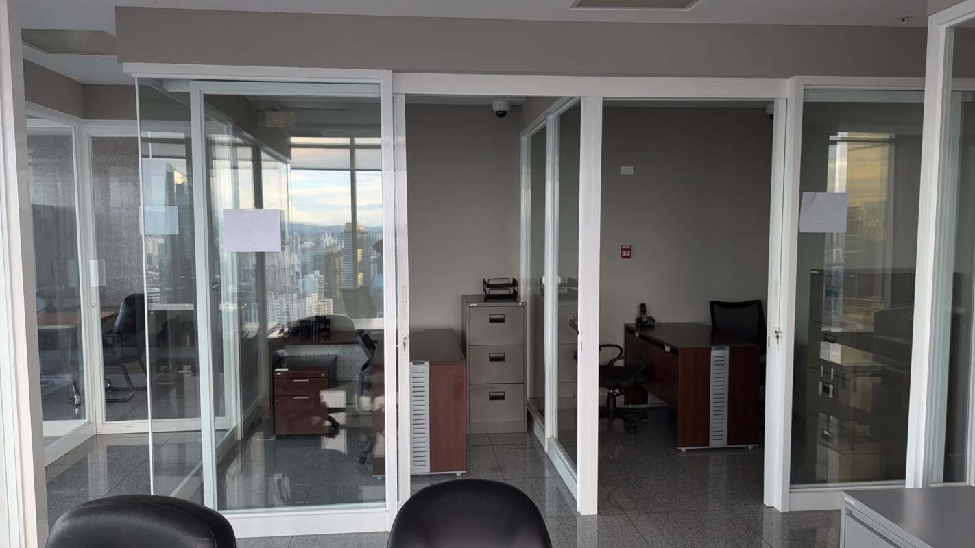 Elegant marble-floored reception with city views in Bicsa Tower office