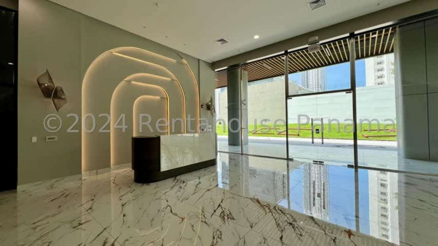 Modern studio apartment with floor-to-ceiling windows and city skyline view in PH Paramount Tower Costa del Este Panama