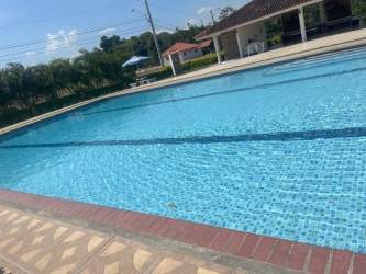 Beautiful landscaped gardens with palm trees and walkways in Valle Village community Las Uvas Panama