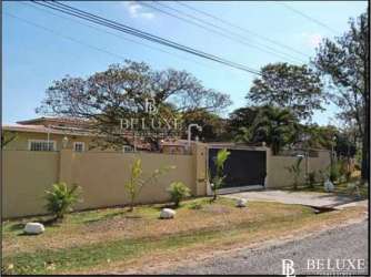 Front gated fence with mature gardens and palm trees at house for sale in San José San Carlos Panama