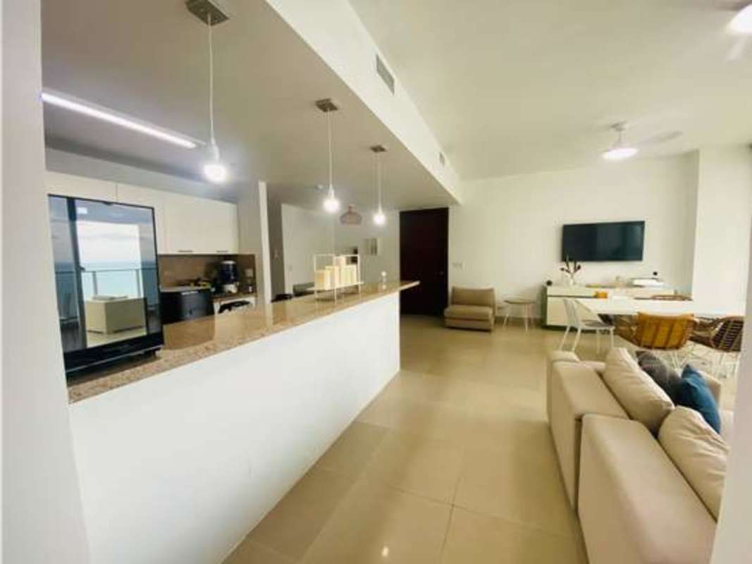 Luxury infinity pool area in PH Dupont with ocean views and lounge deck in Punta Pacifica Panama