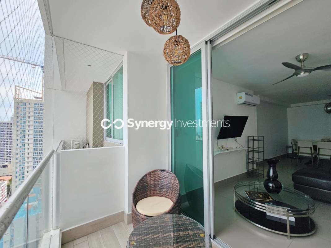 Bedroom with built-in closet, AC, large window city ocean view PH Bellavista Tower Panama City