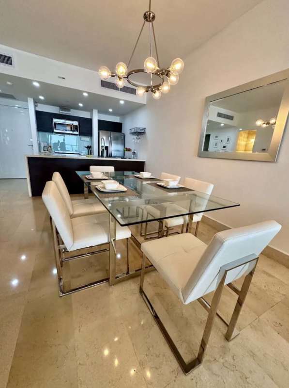 Modern bathroom with double vanity sinks, luxury fixtures PH Yoo Apartment Panama City