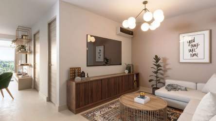 Living room with framed art, media console, and sofa Panama Pacifico