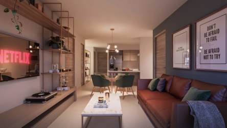 Modern apartment open plan living dining with large horizontal window Parterre Panama