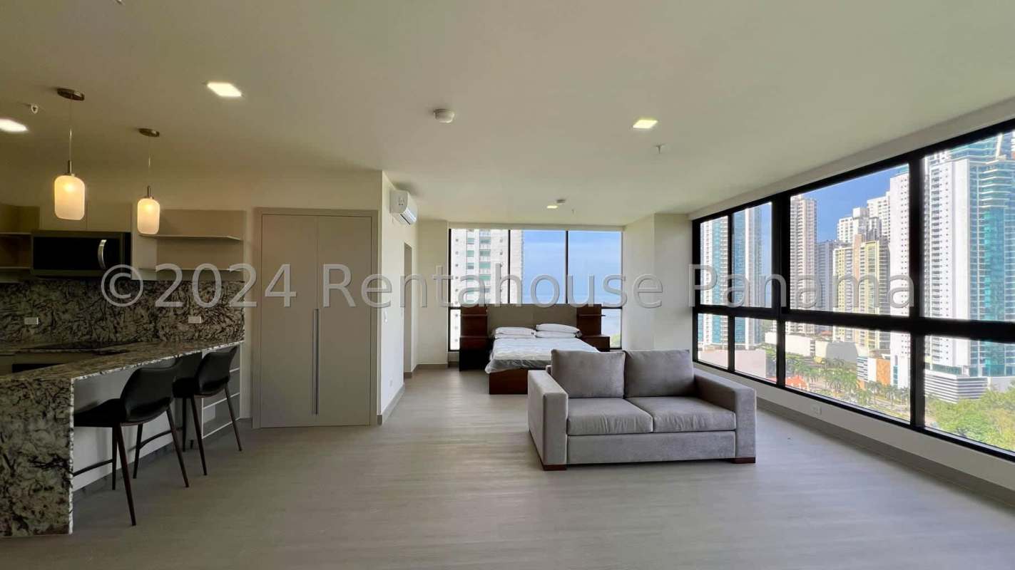 Modern bedroom large windows panoramic city skyline PH Arcadia del Este Panama