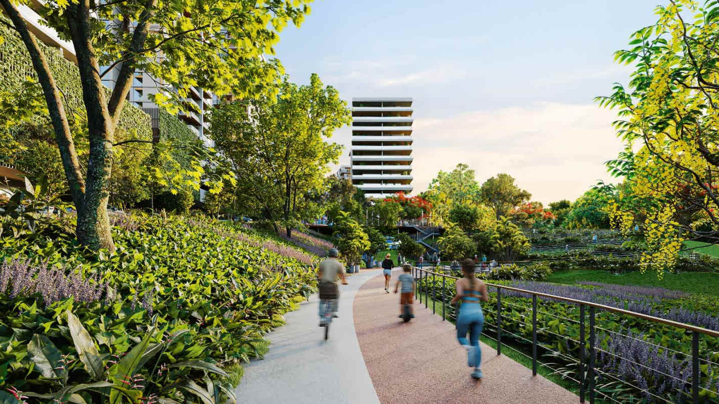 Landscaped green park with cycling and walking trails in condo area