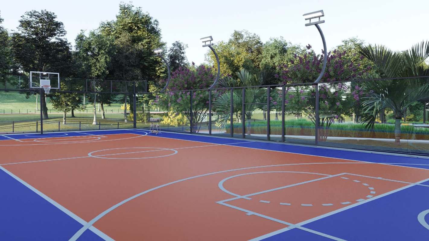 Modern high-rise condos surrounded by green trees and palm landscaping