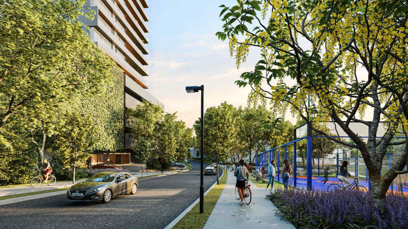 Modern residential tower with vertical garden, sports court and trees