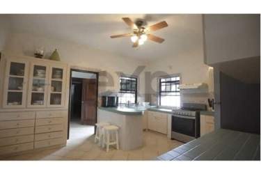 Lush tropical garden and covered patio with lounge chairs Costa Esmeralda home