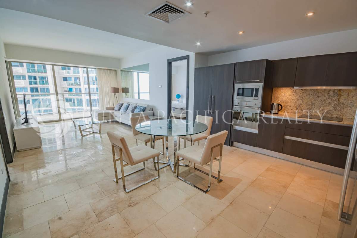 Modern luxurious bathroom with marble countertop and walk-in shower in JW Marriott Panama