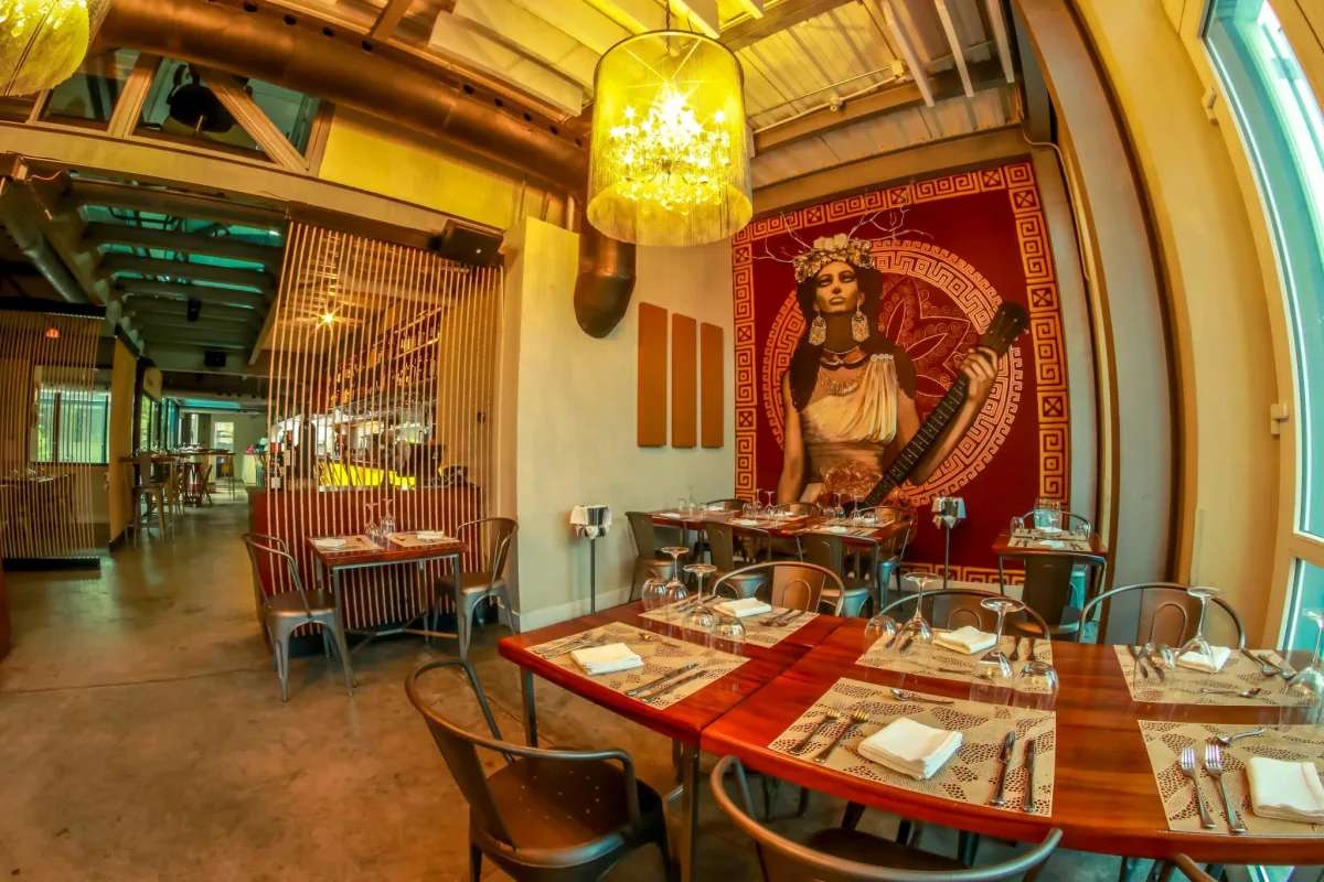 Artistic mural wall and modern restaurant interior at Teatro Amador Casco Panama