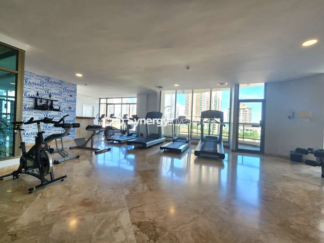 Large open terrace overlooking ocean and city skyline in Punta Pacífica Panama