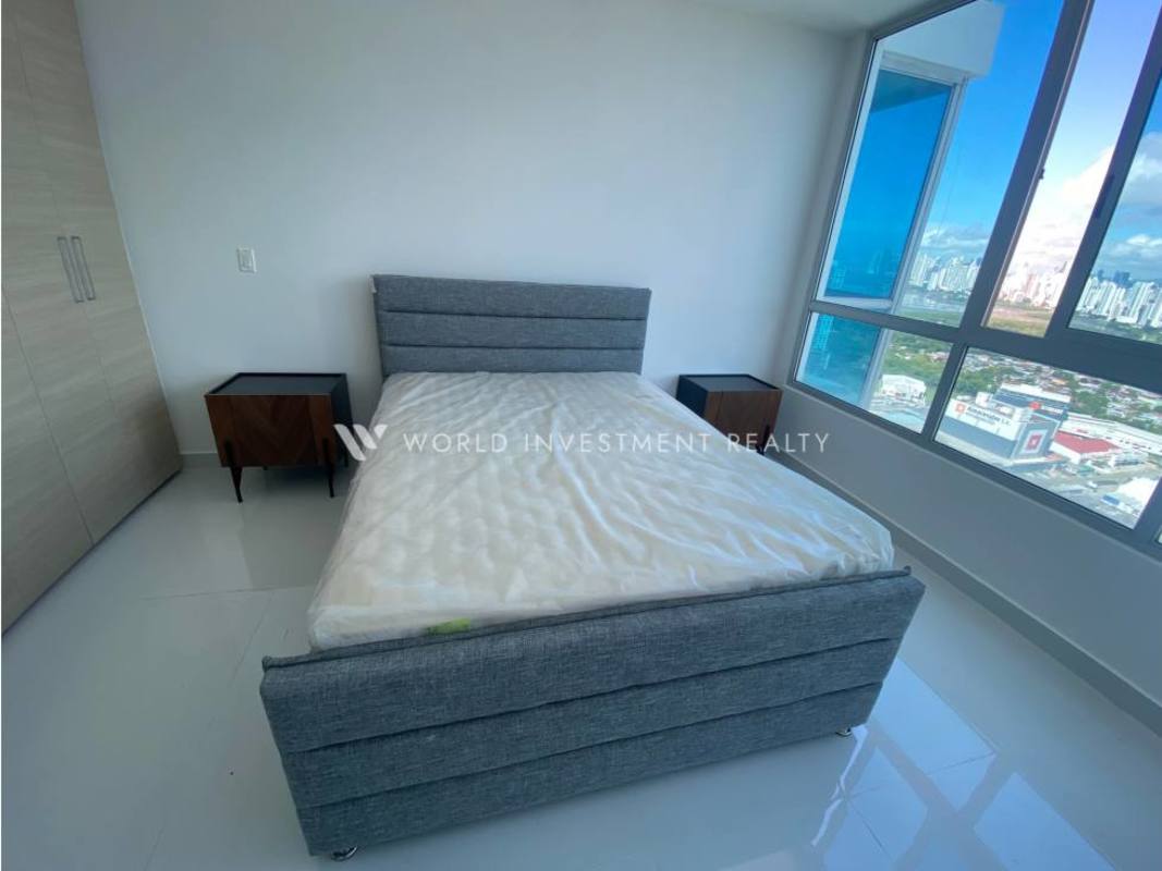 Bedroom with floor-to-ceiling panoramic windows city view PH Top Tower Costa del Este Panama