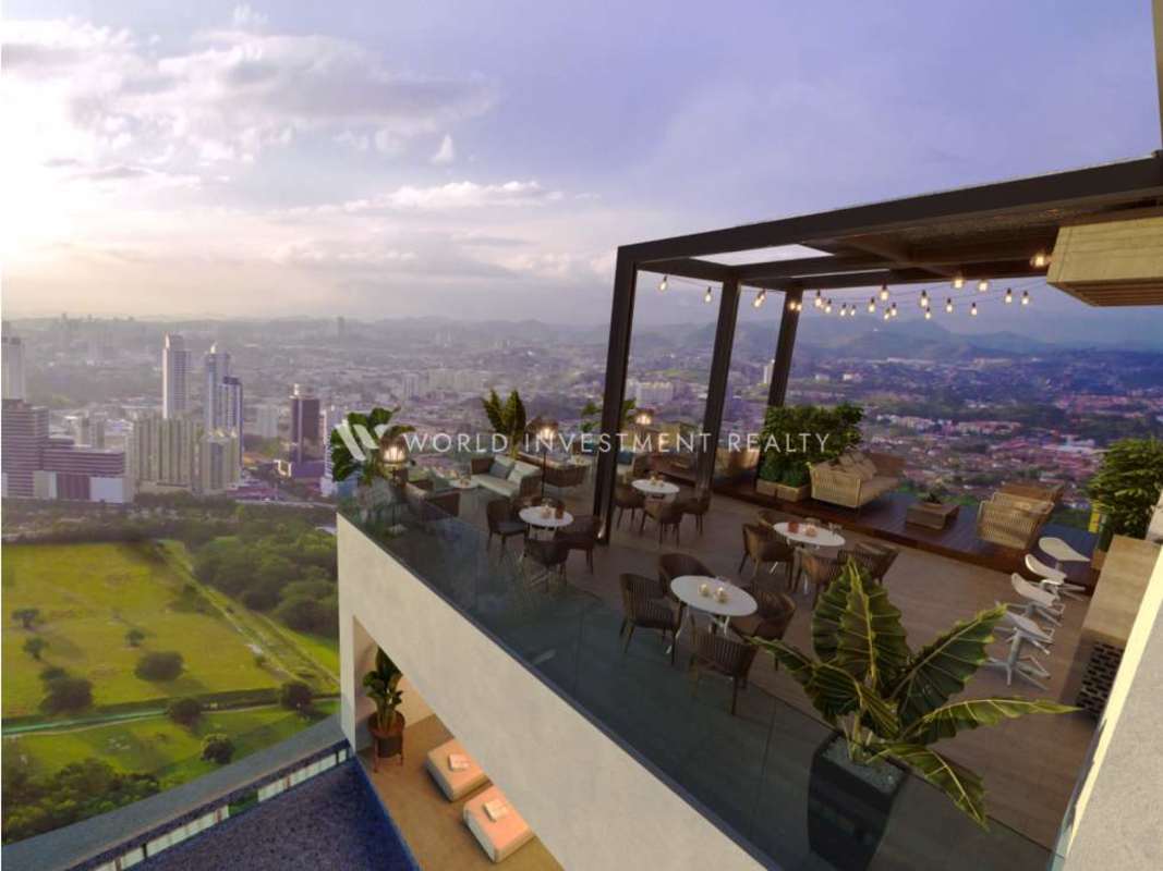 Rooftop sky deck lounge with city and ocean views Panama