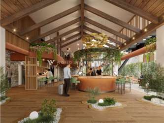 Modern lobby with vaulted wooden ceiling, greenery and circular bar Pino Alto Residences Boquete Panama