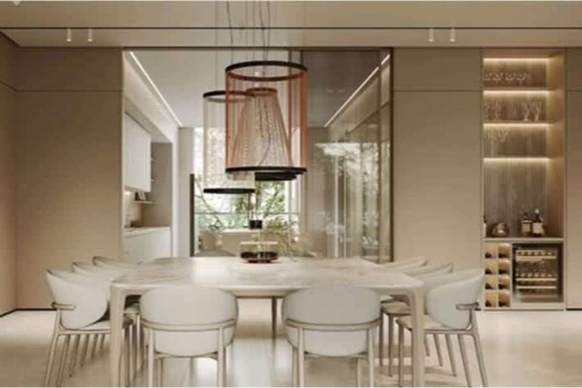 Spacious modern living and dining open plan with panoramic windows in PH Blau Costa del Este Panama