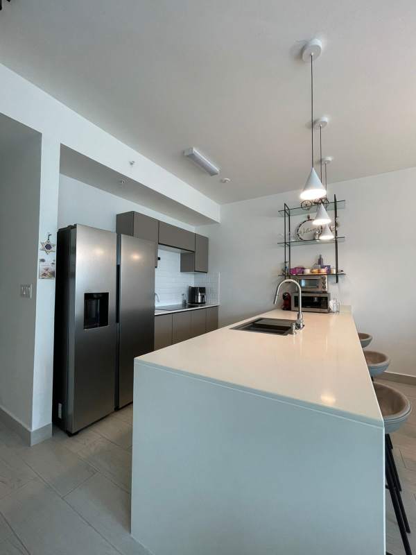Modern kitchen large island pendant lights stainless steel appliances PH Urbana