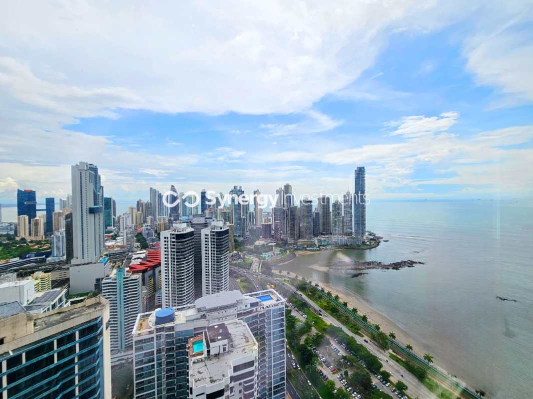 Aerial of PH BICSA Financial Center Hilton Panama Ave Balboa oceanfront skyscraper