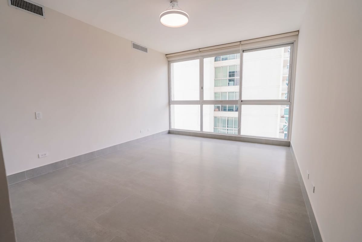 Modern bathroom with double sink floating vanity glass walk-in shower PH Ocean Aire Panama