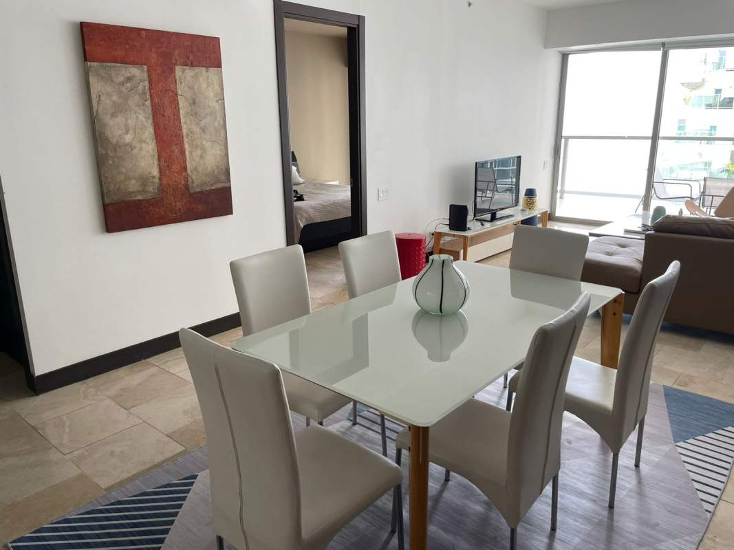 Spacious furnished living room with ocean view balcony in PH Ocean Club Punta Pacifica Panama