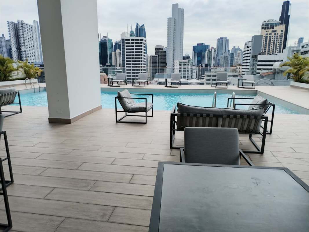 Rooftop infinity pool overlooking Panama City skyline at PH Sky Swiss El Cangrejo