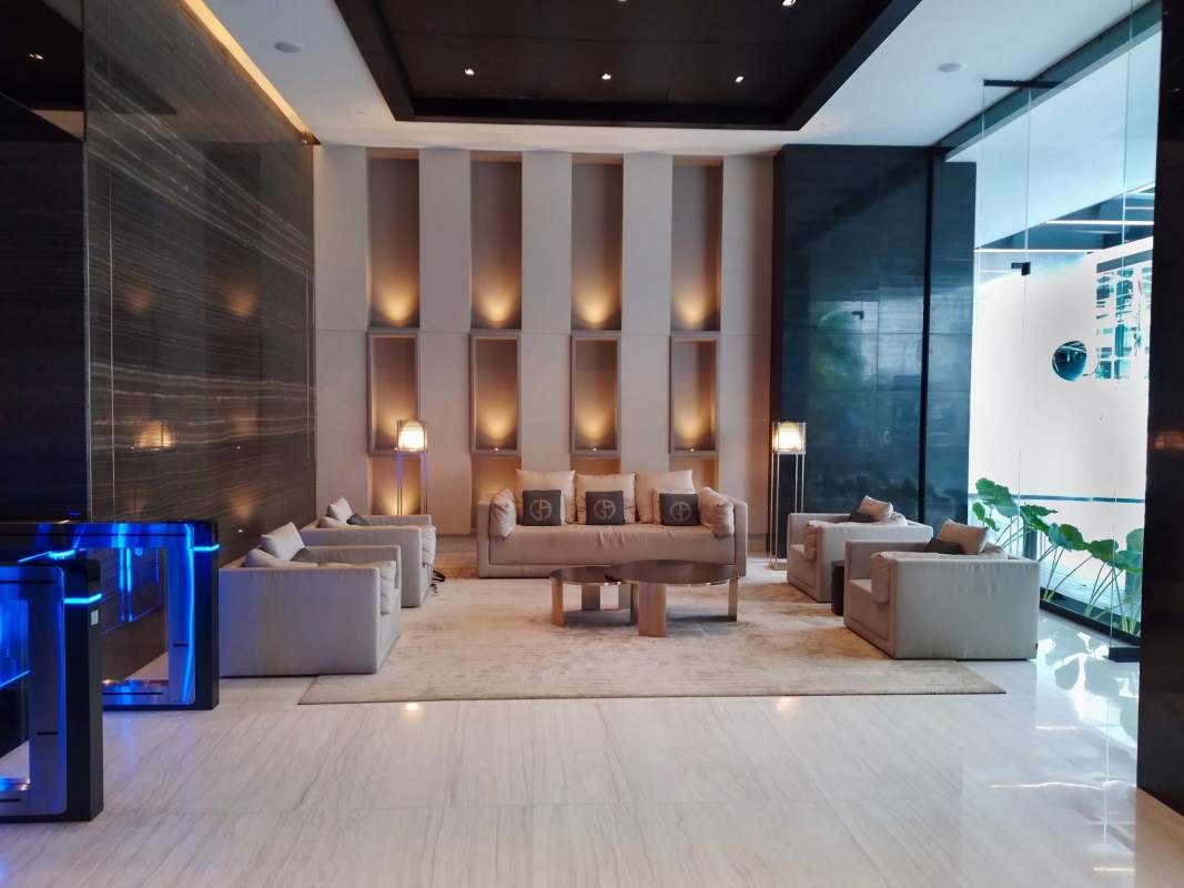 Modern balcony with glass railing and panoramic city views Nouvo Armani Plaza Bella Vista Panama