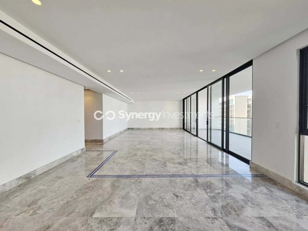 Luxury bathroom marble walls, glass shower, modern vanity Santa María Panama apartment