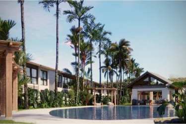 Resort style swimming pool and gazebo with palm trees at PH Aires del Mar Playa Caracol Panama