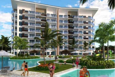 Modern tropical resort tower with balconies overlooking resort pool in Punta Chame Panama