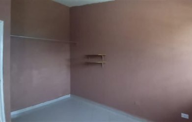 Simple white bathroom with walk-in shower blue curtain pedestal sink in Vista Alegre Panama