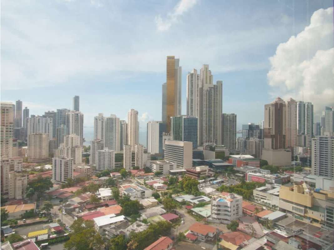 Reception area with panoramic skyline view in corporate tower PH Global Plaza Obarrio Panama