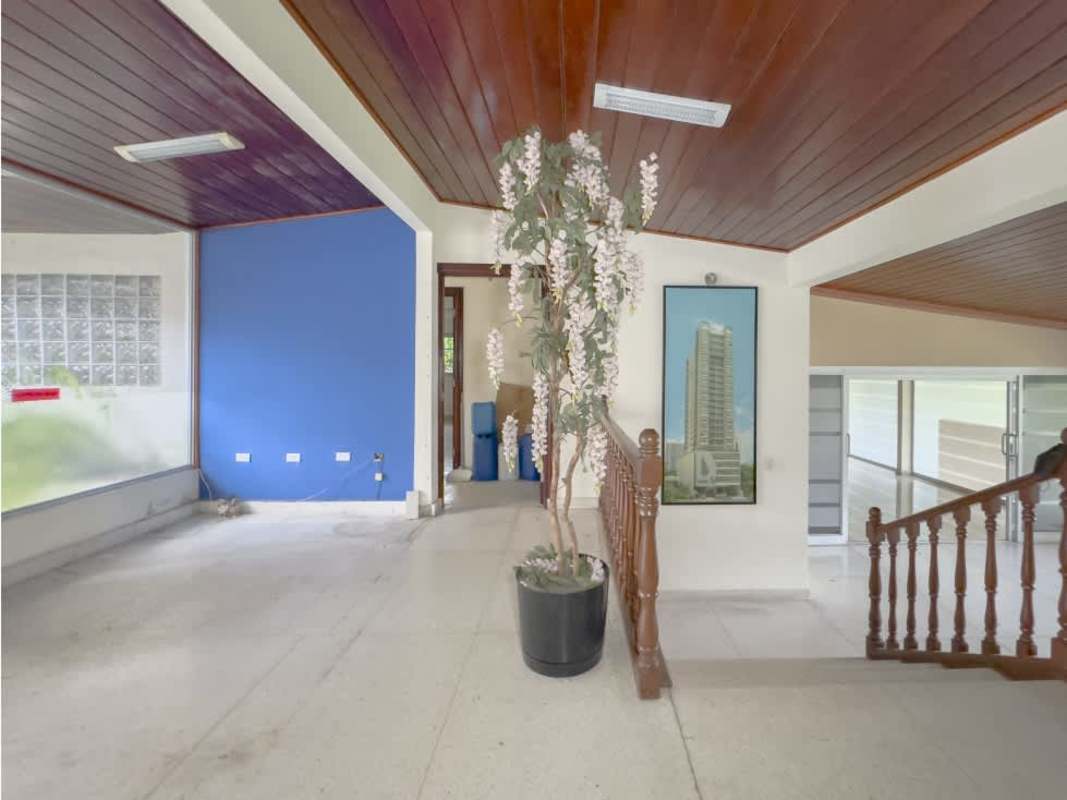 Large green yard with mature tropical plants and privacy wall in El Carmen Panama house for sale