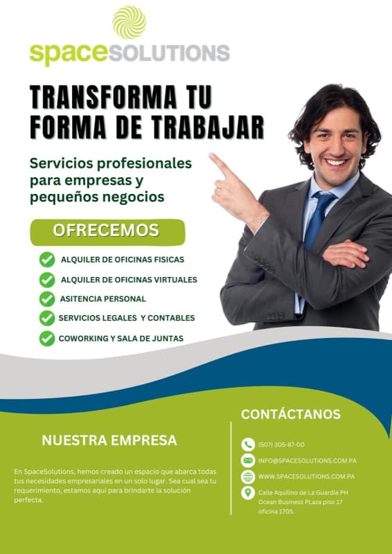 Marketing flyer for physical and virtual office rental with 24/7 access Panama City