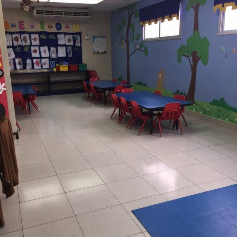 Bright child classroom with tables, chairs, mural and toys commercial real estate