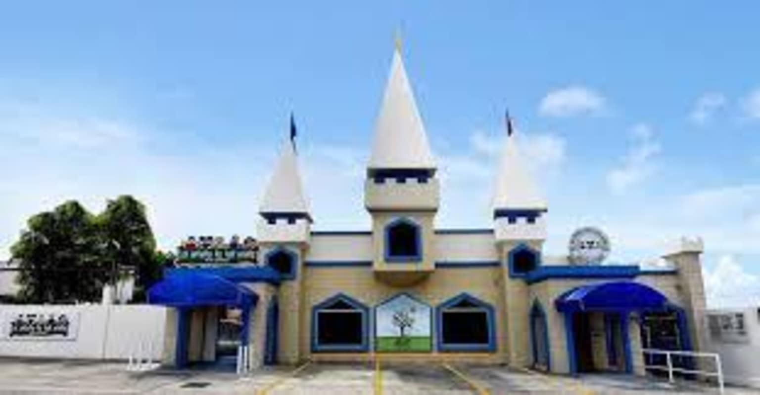 Commercial building exterior with parking lot, blue trim in San Francisco Panama