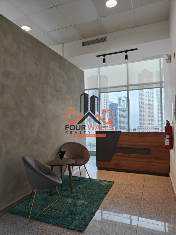 Reception lobby with waiting chairs, city view windows, modern design PH Habitats Plaza Panama