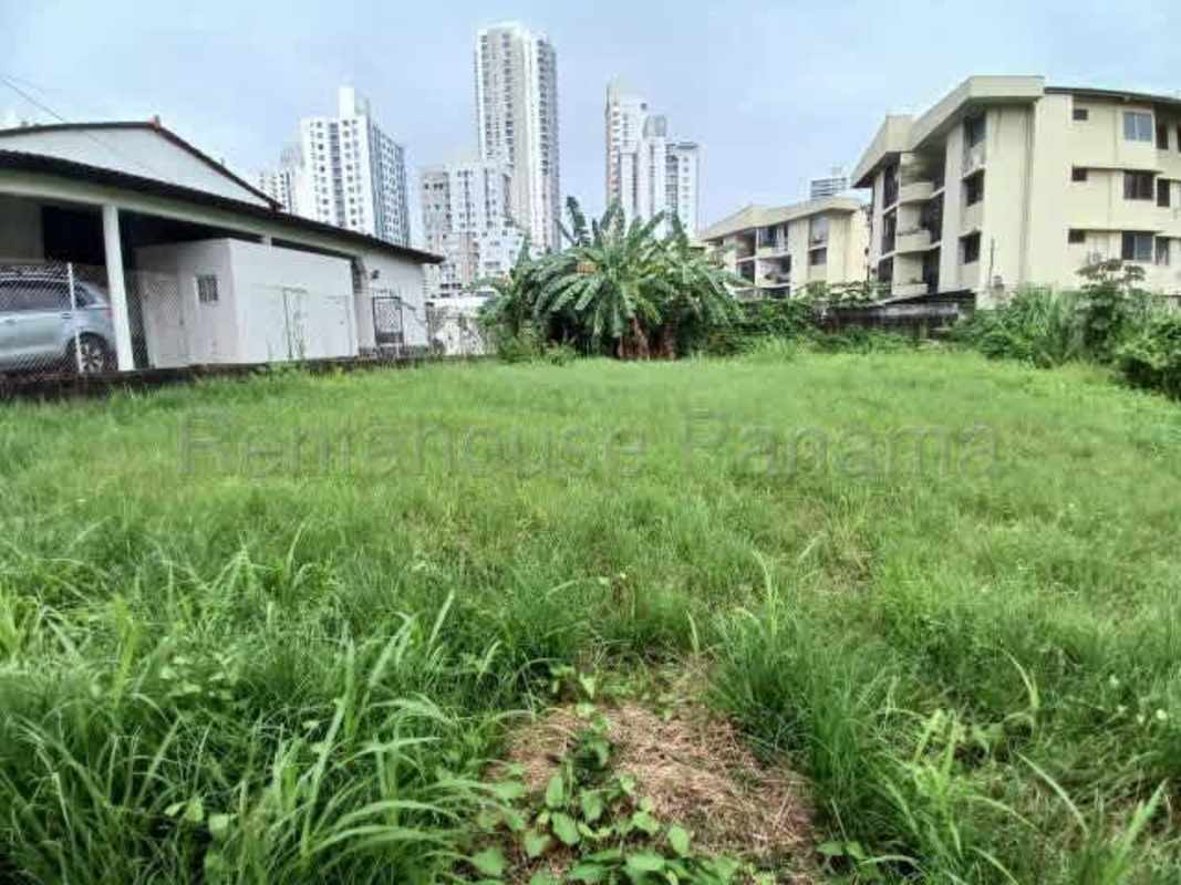Vacant grassy parcel with fence and city skyline near Parque Omar in Panama City