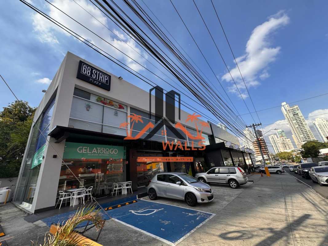 Exterior of modern commercial plaza with storefronts and parking in San Francisco Panama