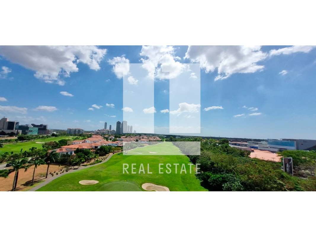 Aerial panoramic of golf course community and city skyline Santa Maria Panama