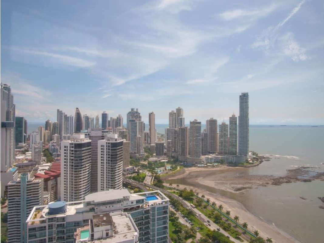 Iconic skyscraper PH BICSA Financial Center exterior with helipad skyline Panama City